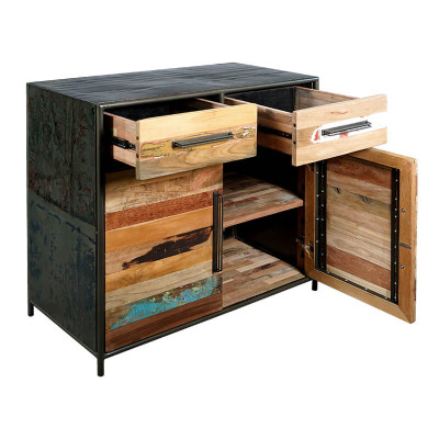 Buffet industriel Drum Bidons et bois recyclé portes tiroirs ouvert 3.4AK51
