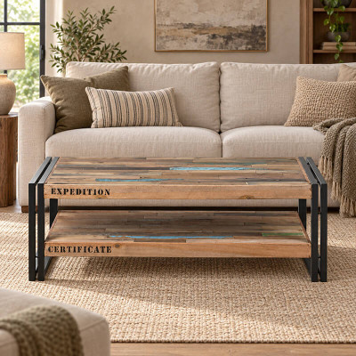 Table basse industrielle rectangulaire 100 cm double plateau  Factory Samudra vue de face