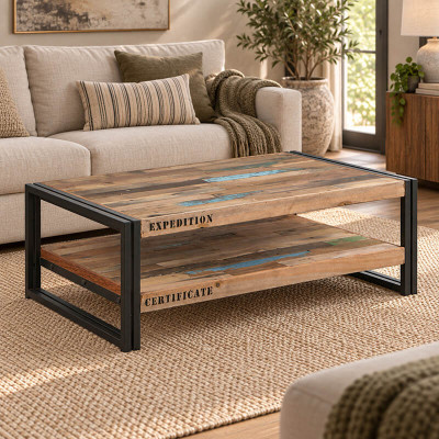 Table basse industrielle rectangulaire 100 cm double plateau  Factory Samudra