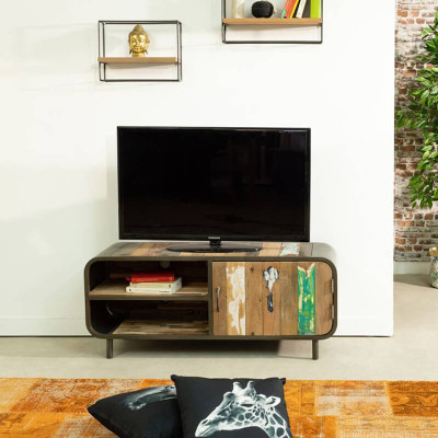 Meuble TV 120 cm industriel VINTAGE fer et bois de bateau recyclé avec TV